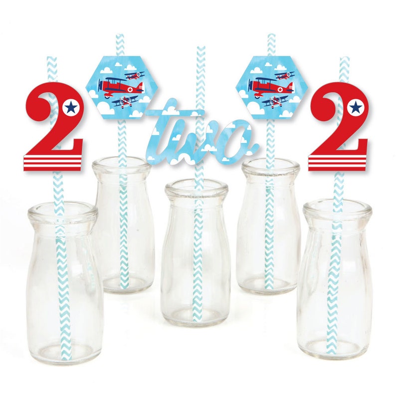 Airplane Die-Cut Straw Decorations Vintage Plane Second Birthday Paper Cut-Outs /& Striped Paper Straws 24 Ct 2nd Birthday Taking Flight