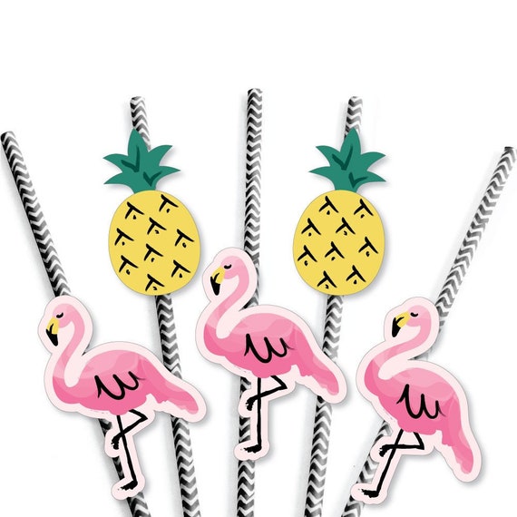 Pink Flamingo Paper Straw Decor - Party Like A Pineapple - Tropical Summer Striped Decorative Straws - Set of 24