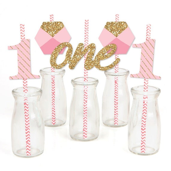 Fun to be One- 1st Birthday Girl - Die-Cut Straw Decorations - First Birthday Party Paper Cut-Outs & Striped Paper Straws - Set of 24 Il_570xn