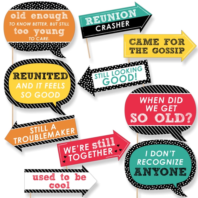 10 Photo Props /& Dowels Funny Class Reunion School Themed Prop Kit Photo Booth Props High School Reunion Photo Booth Props Kit