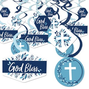 May include: Blue and white hanging decorations with a cross and floral design. The decorations feature the text "God Bless".