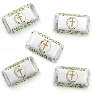 May include: Five small, silver-wrapped chocolate bars with green and gold labels. Each label features a gold cross inside a circle with a green wreath.