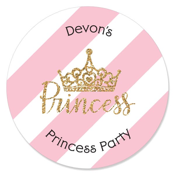 Personalized Little Princess Crown - Custom Pink and Gold Princess Baby Shower or Birthday Party Favor Circle Sticker Labels - 24 Count