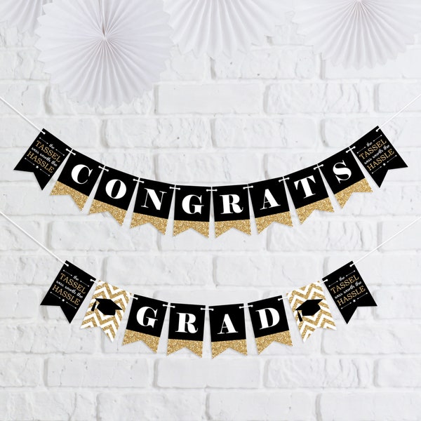 Tassel Worth The Hassle - Gold - Graduation Party Mini Pennant Banner - Congrats Grad