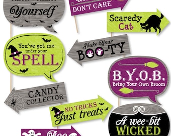 Funny Happy Halloween Photo Booth Props - Halloween Witch Party Photo Booth Prop Kit -Witches Night Out Party Props -10 Photo Props