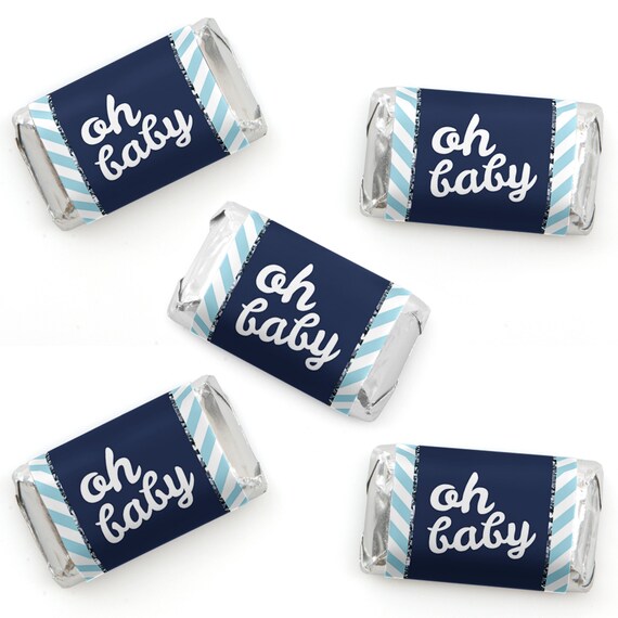 Hello Little One - Blue and Silver - Mini Candy Bar Wrapper Stickers - Boy Baby Shower Small Favors - 40 Count Il_570xn