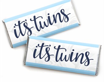 It’s Twin Boys  - Candy Bar Wrapper Blue Twins Baby Shower Favors - Set of 24