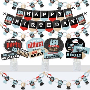 May include: 18th birthday party decorations with a blue, black, and red color scheme. The decorations include a banner, a chain, and several signs with phrases like "Put your party on", "This is the oldest I've ever been", "Time to adult", "Make a wish", "Officially no longer my parents' problem", "Free cake! I'm 18", "Happy birthday", and "I'm an adult".