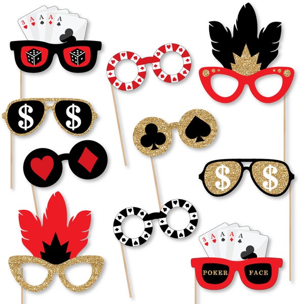 Las Vegas - Photo Booth Accessories - Fun Selfie Casino Party Card Stock Paper Props Glasses - Blackjack Party Props - High Roller - 10 Pc