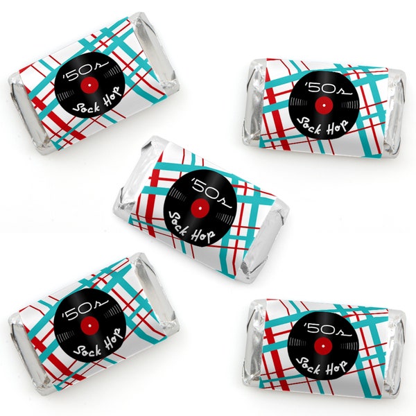 50's Sock Hop Mini Candy Bar Wrappers - 1950's Chocolate Miniature Candy Bar Sticker Labels - Rock N Roll Party Favors 40 Ct