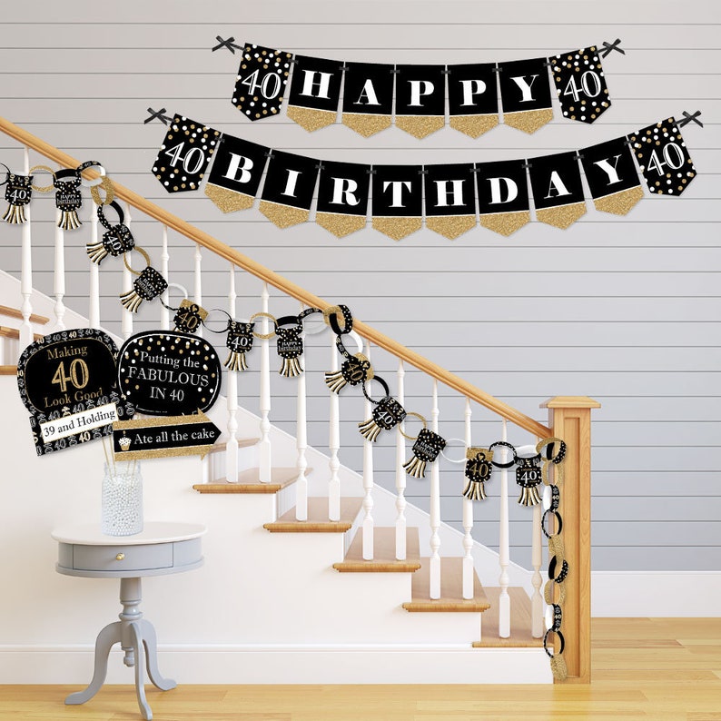 Banner and Photo Booth Decorations Gold Birthday Party Supplies Kit Doterrific Bundle Adult 40th Birthday