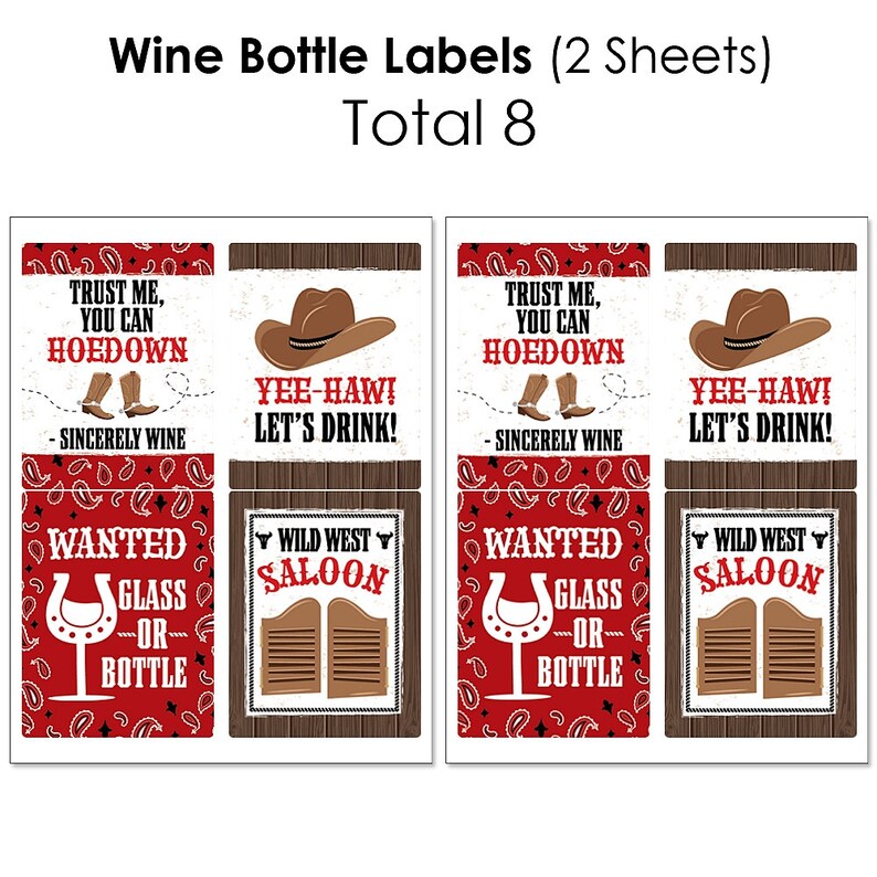 Western Hoedown Wine Bottle Labels and Water Bottle Labels Wild West Cowboy Party Decor Mini Wine Bottle Beverage Bar Kit 34 Pc