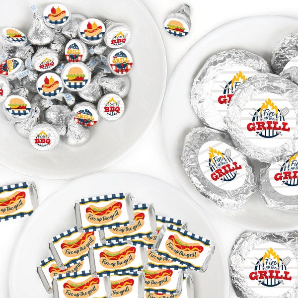 Fire Up the Grill -Mini Candy Bar Wrappers, Round Candy Stickers & Circle Stickers - Summer BBQ Picnic Party Candy Favor Sticker Kit-304 Pcs