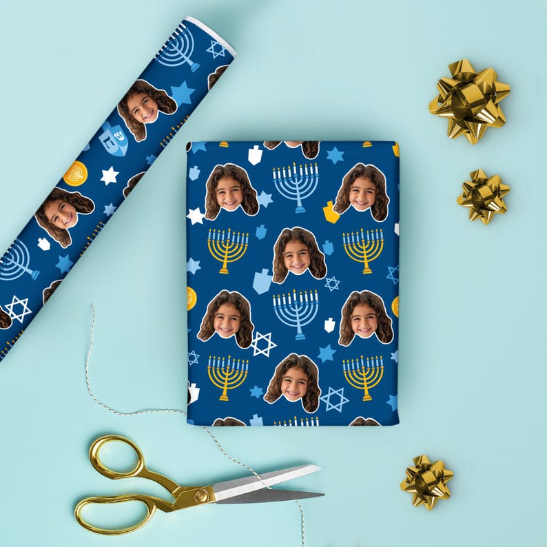 Hanukkah Menorah Fun Face, Personalized Photo Wrapping Paper, Funny Custom Face Hanukkah Gift Wrapping Paper Roll, 24 in x 7 feet image 6