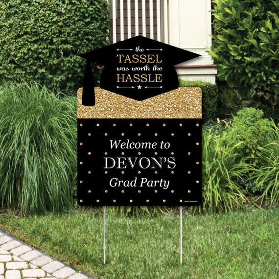 Graduation Welcome Sign - Graduation Party Outdoor Lawn Decorations - Tassel Worth The Hassle - Gold - Party Decorations Il_570xn