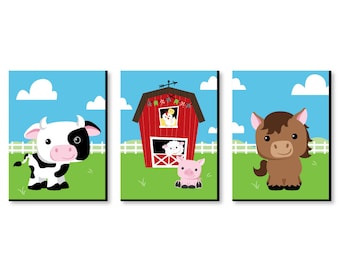 Farm Animals - Kids Room, Nursery & Home Décor - 7.5” x 10” Kids Wall Art - Bedroom Decor - Barnyard Friends Decorations - Set of 3 Prints