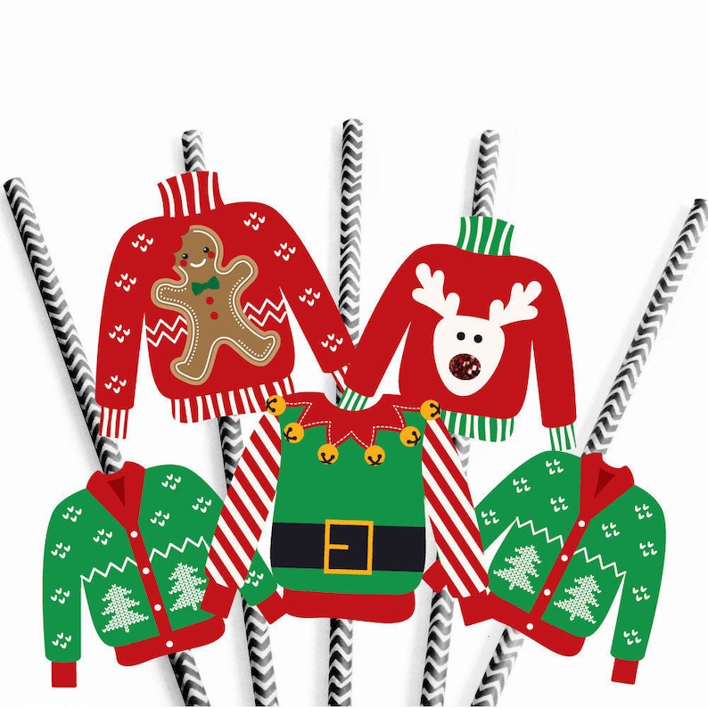 Pode incluir: Conjunto de seis canudos de papel de Natal vermelhos e verdes com um design de diferentes su&eacute;teres feios. Os canudos apresentam um homem de gengibre, uma rena, uma &aacute;rvore de Natal e um duende.