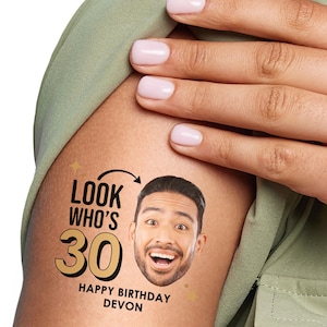 Custom Photo Look Who&#39;s Birthday Party Temporary Tattoos, Personalized Birthday Tattoo Party Favors, Face Cutout Tats, Set of 12