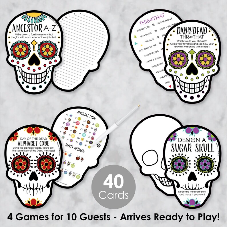 Day of the Dead 4 Halloween Sugar Skull Party Games 10 Cards Each Gamerific Bundle image 2