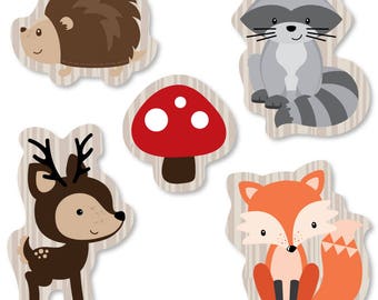 Woodland DIY Shaped Paper Cut Outs - Woodland Creatures Baby Shower or Birthday Small Die Cut Decor - Hedgehog, Raccoon, Fox, Deer - 24 pc