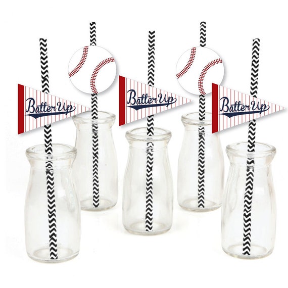 Baseball Die-Cut Straw Decorations - Baby Shower or Birthday Party Paper Cut-Outs & Striped Paper Straws - Batter Up - Baseball - Set of 24 Il_570xn