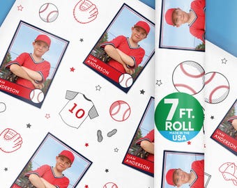 Custom Photo Baseball Wrapping Paper Roll, Sports-Themed Birthday Party Decor, Personalized Baseball Gift Wrap, 24 in x 7 feet