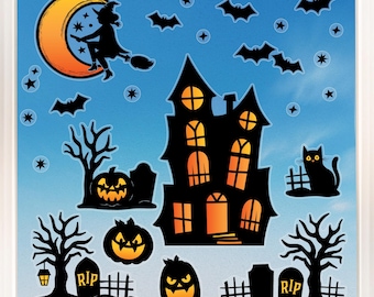 May include: Halloween-themed artwork featuring a witch on a broomstick in front of a crescent moon, a haunted house, bats, stars, pumpkins, and a black cat. The artwork is set against a blue sky background.