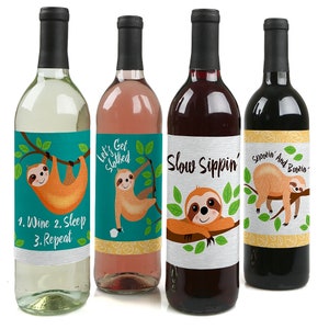 Let's Hang Sloth Wine Bottle Labels Sloth Wine Labels Sloth Party Gifts for Men and Women Set of 4 Sticker Labels image 1