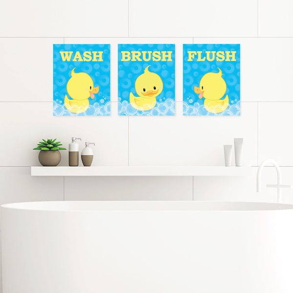 Ducky Duck - Unframed Wash, Brush, Flush - Bathroom Wall Art - 8 x 10 inches - Set of 3 Prints