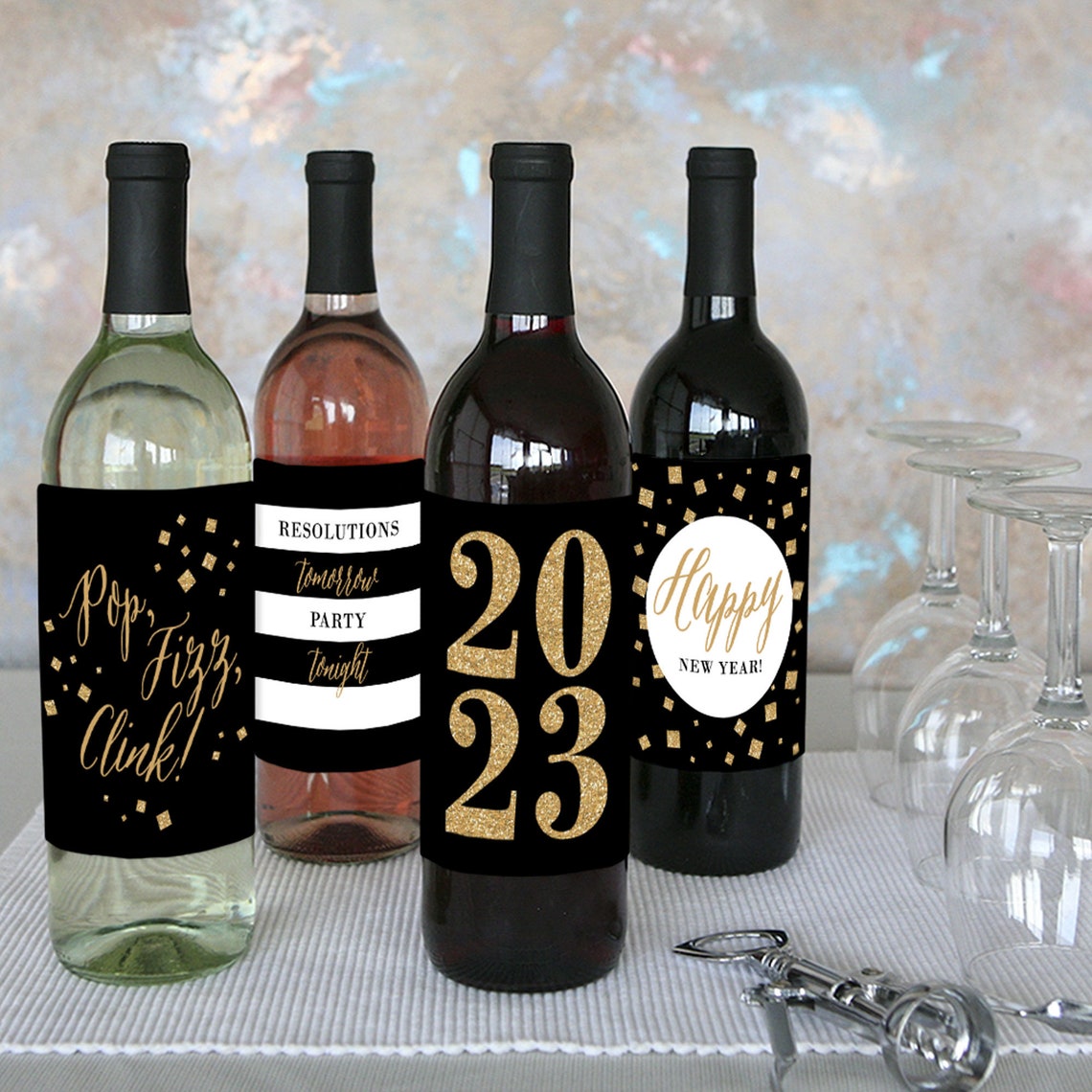 New Year's Eve Wine Labels Gold & Black Wine Bottle Etsy