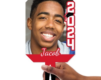 Custom Red Grad Photo Paddles, Class of 2024 Face Fans with Handles, Personalized Grad Big Head on Stick, Graduation Party Photo Booth Props