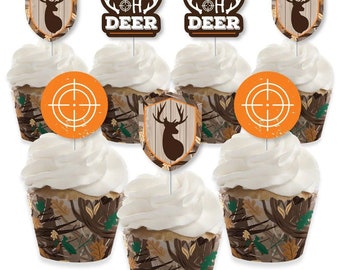 Gone Hunting - Cupcake Decoration - Deer Hunting Camo Baby Shower or Birthday Party Cupcake Wrappers and Treat Picks Kit - Set of 24