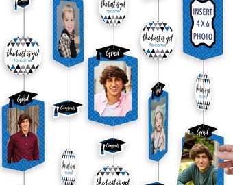 Blue Grad - Best is Yet to Come - Royal Blue Graduation Party DIY Backdrop Decor - Hanging Vertical Photo Garland - 35 Pieces