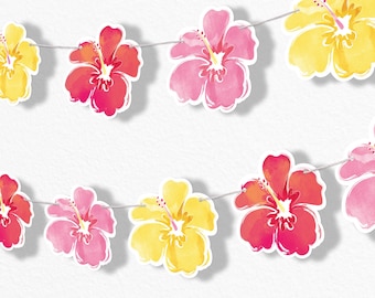 Hawaiian Luau Garland Banner, Tropical Birthday Party Decorations Banner, 30 Feet of Cord, 15 Double-Sided Hibiscus Flowers (Pinks & Yellow)