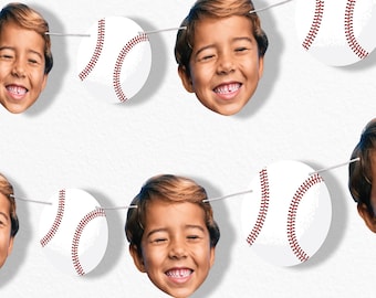 Custom Baseball Face Cut Out Garland Banner, Personalized Sports Birthday Party Decor, 30 Feet of Cord, 5 Photo Face Cutouts, 5 Baseballs