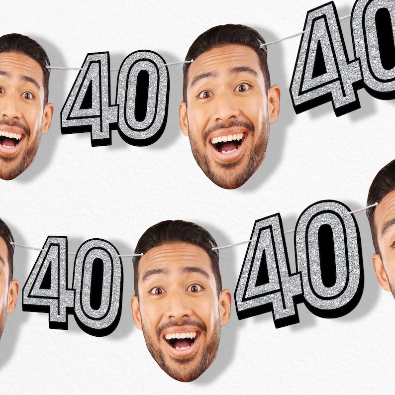 May include: A banner featuring the number "40" in silver glitter with a black outline, interspersed with images of a smiling person's face. The banner is strung on a thin white string, perfect for a birthday celebration.