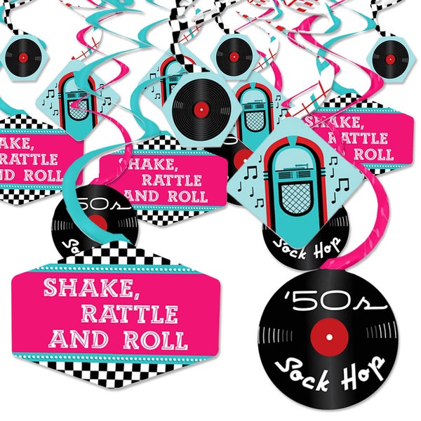 50's Sock Hop Party Hanging Decorations - Hanging Party Supplies - 1950 Rock N Roll Decade Party Swirls - Paper Decoration Swirls -Set of 40