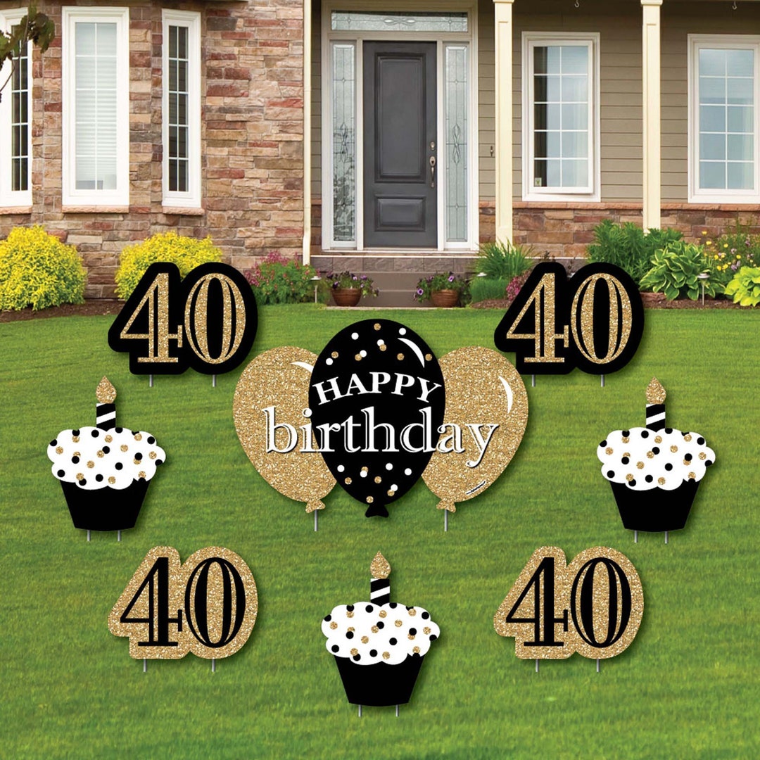 Adult 40th Birthday Gold Yard Sign and Outdoor Lawn Decorations Happy
