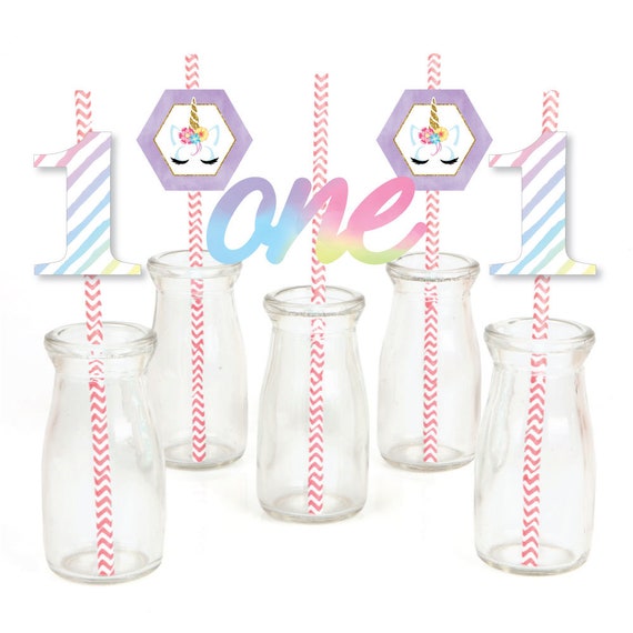 1st Birthday Rainbow Unicorn Die-Cut Straw Decorations - Unicorn First Birthday Party Paper Cut-Outs & Striped Paper Straws - Set of 24 Il_570xn