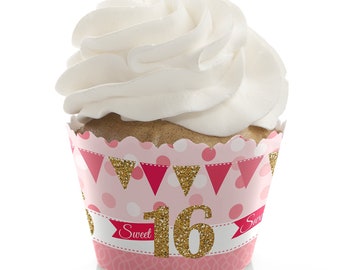 Sweet 16 -16th Birthday Party Decorations - Party Cupcake Wrappers - Set of 12