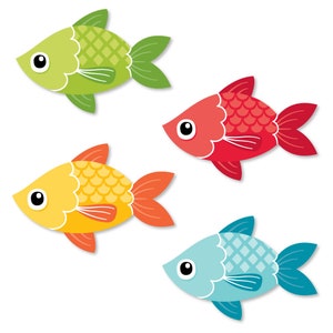 Puede incluir: Cuatro peces de dibujos animados coloridos con diferentes patrones y colores. Los peces son verde, rojo, amarillo y azul.