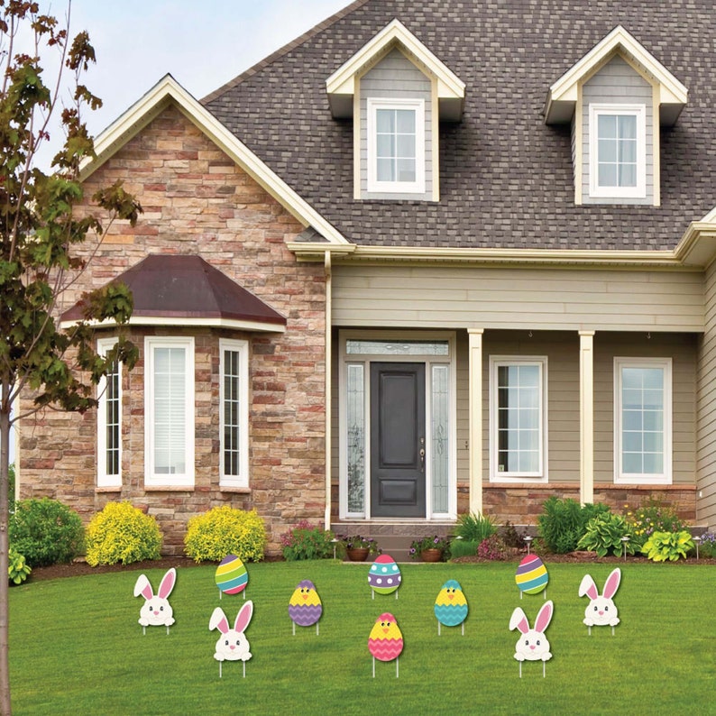 Easter Bunny & Egg Yard Decorations Outdoor Easter Lawn Decorations Hippity Hoppity Easter Bunny Lawn Ornaments 10 Piece Set image 2