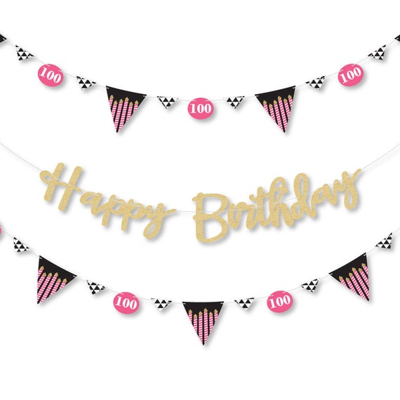 Chic 100th - Pink, Black and Gold Birthday Party Letter Banner -36 Banner Cutouts and No-Mess Real Gold Glitter Happy Birthday Banner Letter Il_570xn