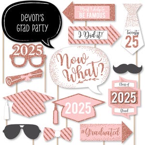 Rose Gold Grad Photo Booth Props Kit - Personalized 2025 Graduation Party - 20 Count