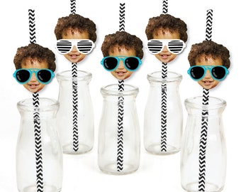 Custom Photo Two Cool - Boy - Blue 2nd Birthday Party Fun Face Paper Straw Decor - Set of 24