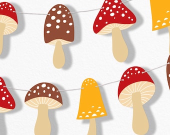 Wild Mushrooms Garland Banner, Yellow, Brown, Red Toadstool Fall Decor, Birthday Party Backdrop, 30 Feet of Cord, 15 Paper Mushroom Shapes
