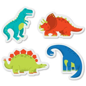 May include: Four colorful dinosaur stickers with white outlines. The dinosaurs are a green stegosaurus, a blue brachiosaurus, a red triceratops, and a blue tyrannosaurus rex.