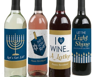 Happy Hanukkah - Holiday Wine Bottle Labels for Chanukah Parties - Feast of Dedication - Gifts for Women and Men - Set of 4 Sticker Labels