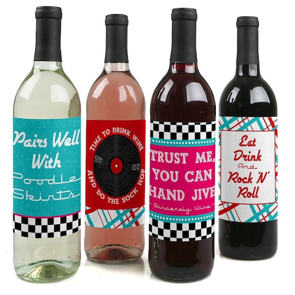 50's Sock Hop - 1950s Rock N Roll Party Wine Bottle Labels - Fifties Party Gifts for Men and Women - Set of 4 Sticker Labels