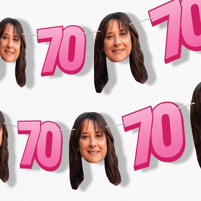 Custom 70th Birthday Face Cut Out Garland Banner, Personalized Adult Birthday Party Decor, 30 Ft of Cord, 5 Face Cutouts 5 Age 70 Shapes Pink